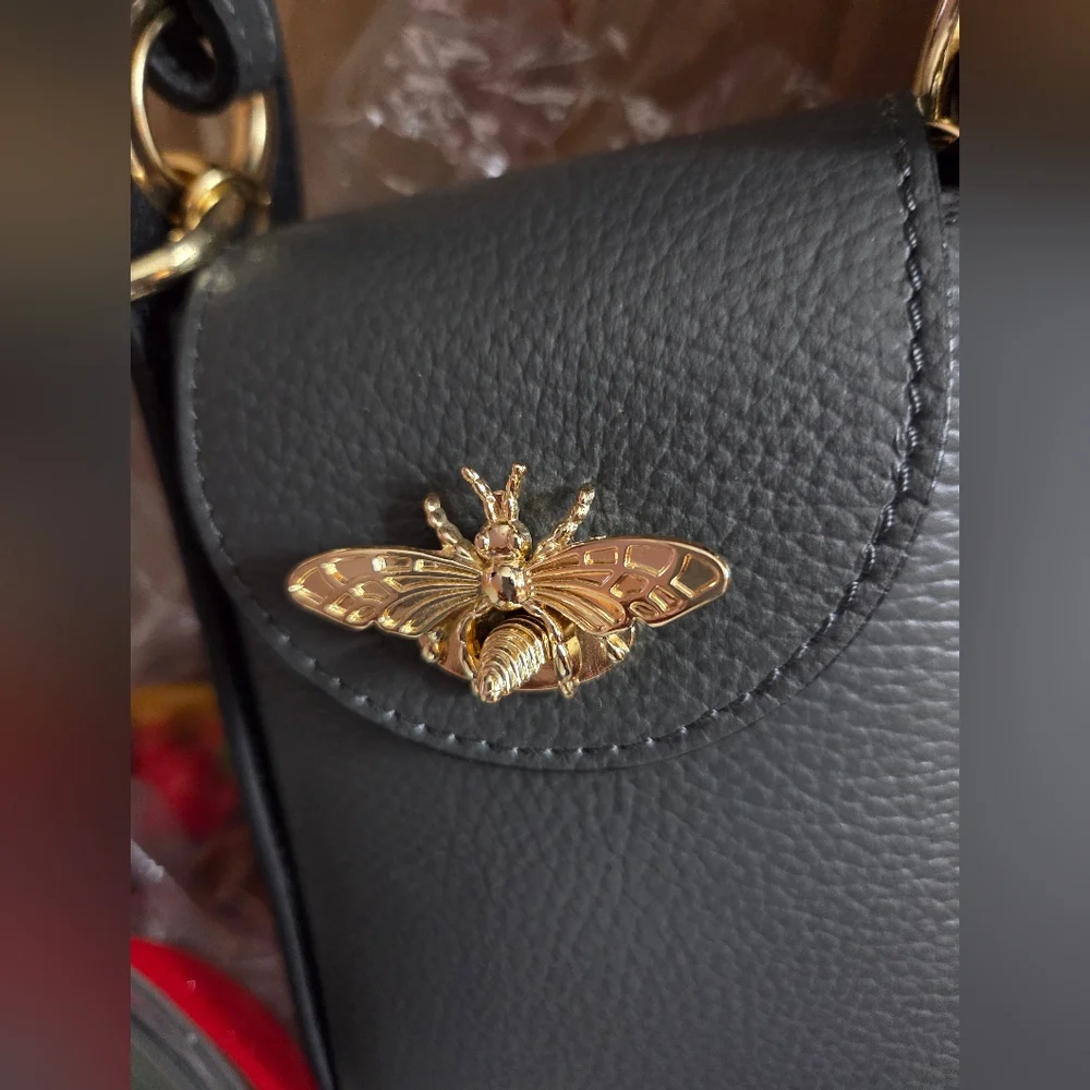 Black Leather Bag with Gold Insect Detail - Picture 2 of 6